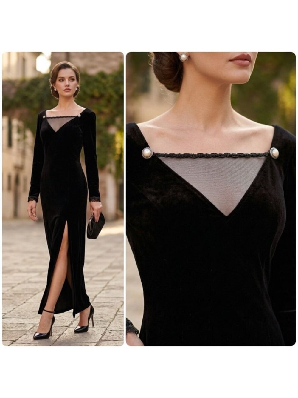 VTG Jessica Howard Sz Small Black Velvet Mesh Pearl Regencycore Long Maxi Dress